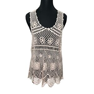 Women Crochet Open Knit Tank Cover Up Boho Scalloped Hem Small Cottage Spring